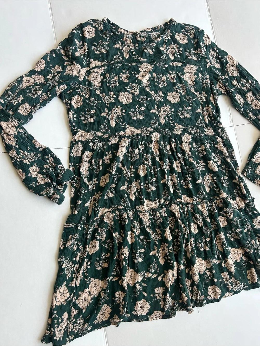 Long Sleeve Forest Green Floral Tiered Mini Dress - Picture 4 of 8